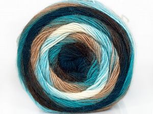 This is a self-striping yarn. Please see package photo for the color combination. Vezelgehalte 100% Premium acryl, Turquoise Shades, Brand Ice Yarns, Cream, Camel, fnt2-76789